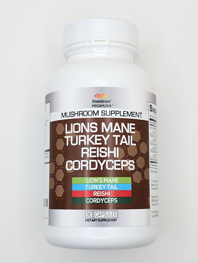 Stamiron Lions Mane Supplement Turkey Tail Mushroom Capsules with Cordyceps Extract &amp Reishi Mushrooms - Alt to Mushroom Gummies Mushroom Powder Mushroom Coffee - 90 Count
