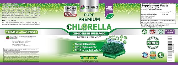 FRESH HEALTHCARE Premium Chlorella Supplement 1200mg Pure Vegan Powder Capsules 180 Chlorophyll and CFG Pills Natural Detox Superfood Naturally Contains B Vitamins and Minerals