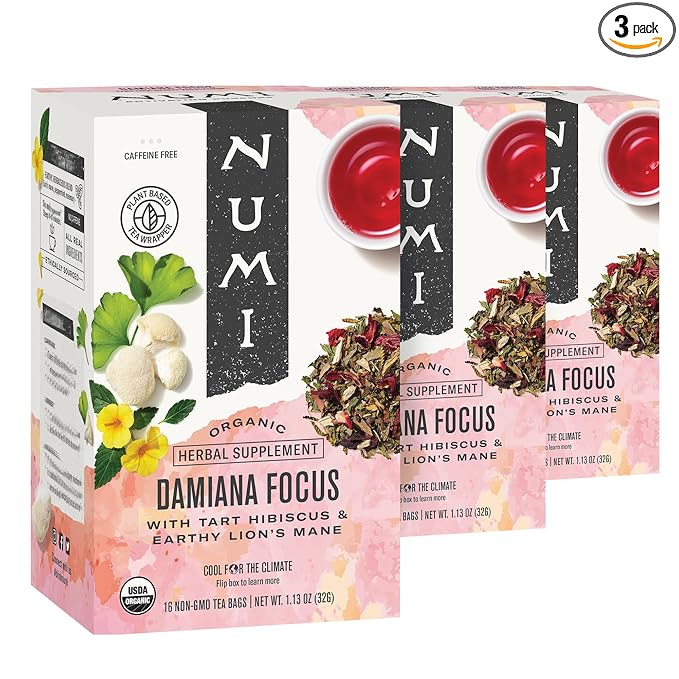 Numi Organic Damiana Focus Herbal Tea – 48 Herbal Tea Bags – Caffeine Free Blend with Damiana Ginkgo Lion’s Mane Hibiscus Mint &amp Licorice for Mental Clarity &amp Natural Energy