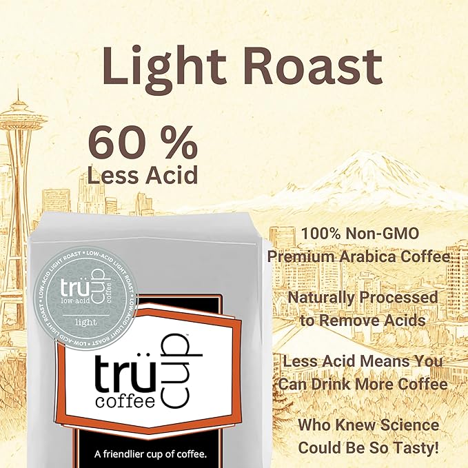 trücup Low Acid Coffee Light Roast Whole Bean Coffee 5 LB Natural Water&ampSteam Process (60% Less Acid) Smooth Flavor Stomach-Friendly Rich in Antioxidants