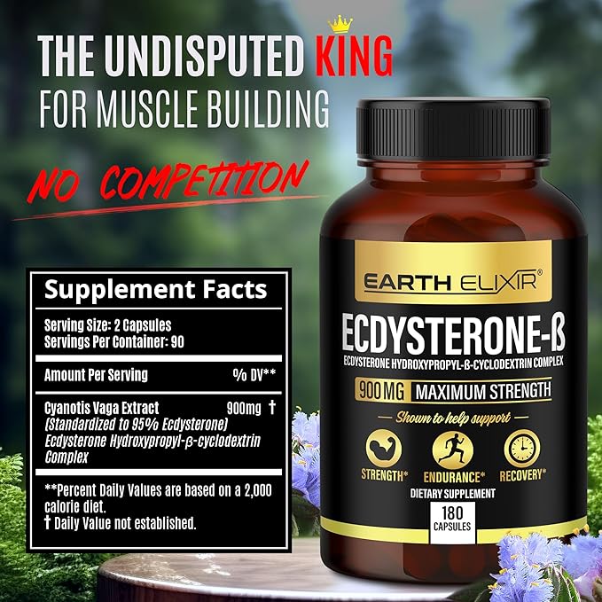 Earth Elixir Ecdysterone Supplements 900mg (180Capsules) – Made in USA - Muscle Building Supplements for Men w/ 95% Beta Ecdysterone w/Hydroxypropyl-β-Cyclodextrin for Enhanced Bioavailability