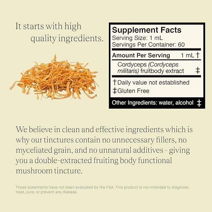 Cordyceps Mushroom Extract - Double Extracted Fruitbody Mushroom Tincture | Natural Support for Stamina Endurance Oxygen Uptake Cardiac Function Respiratory Health (60 Servings)