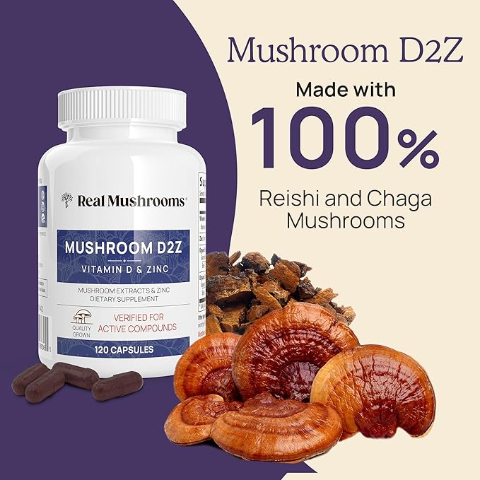 Real Mushrooms Zinc and Vitamin D2 Capsules – with Organic Chaga and Reishi Mushroom Extracts – Vitamins for Overall Wellness Support – Vegan Non-GMO Gluten-Free – 120 Count Mushroom Supplement