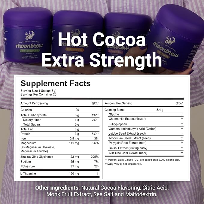 MoonBrew Nighttime Extra Strength Magnesium Hot Cocoa Natural Sleep Aid Drink Mix for Adults - Calming Melatonin-Free Sleep Support - Hot Chocolate Powder with L-Theanine Chamomile &amp Zinc Glycin
