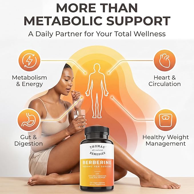 Thomas' all-natural Remedies Berberine 1000mg Metabolic Support - 120 Vegan Capsules w/Organic Ceylon Cinnamon &amp Black Pepper | Supports Healthy Heart and Gut Health &amp Overall Wellness
