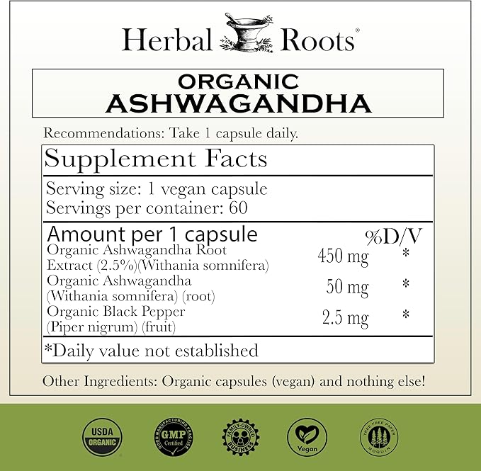 Herbal Roots Ashwagandha Capsules | Extra Strength 1000mg per Serving | Ayurvedic for Overall Health for Men and Women | 60 Vegan Capsules