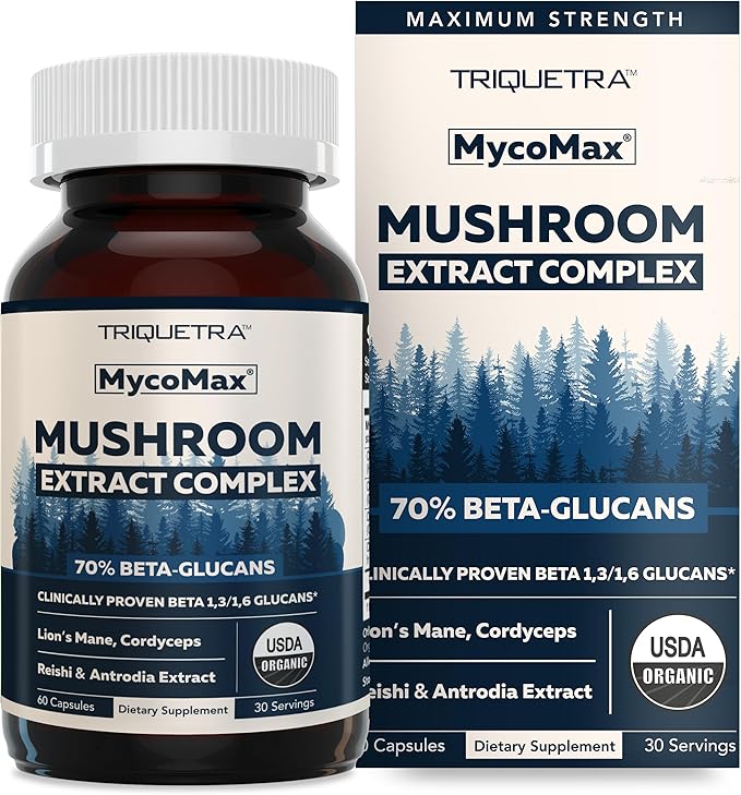 MycoMax Mushroom Complex - 70% Beta Glucans Max Potency Mushroom Supplement US Grown + Ultrasonic Extraction - Lions Mane Cordyceps Reishi &amp More - Cognition Immunity Energy - 60 capsules