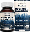 MycoMax Mushroom Complex - 70% Beta Glucans Max Potency Mushroom Supplement US Grown + Ultrasonic Extraction - Lions Mane Cordyceps Reishi &amp More - Cognition Immunity Energy - 60 capsules