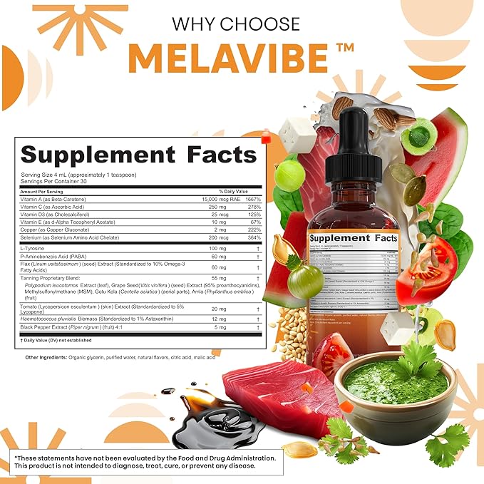 MelaVibe Astaxanthin Internal Tanning Liquid Drops Lycopene PABA L-Tyrosine Grape Seed Extract Vitamin a c d Drops VIT E AMLA Flax Seed Omega 3 Copper Peach Mango Flavor By Clean Nutra