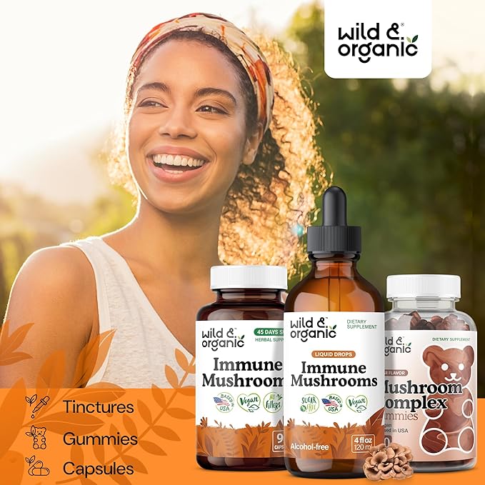 Wild &amp Organic Immune Mushroom Tincture - 8-in-1 Immune Support with Chaga Reishi Turkey Tail Lion’s Mane Maitake Extract - Liquid Mushroom Supplement - Vegan Sugar &amp Alcohol-Free Drops -