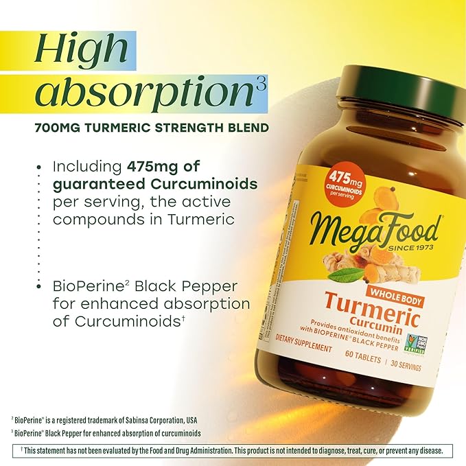 MegaFood Whole Body Turmeric Curcumin Supplement - Turmeric Supplement With Black Pepper &amp Vitamin C - 475 mg Curcuminoids Per Serving - Antioxidant &amp Immune Support - Vegan - 60 Tablets 30 S