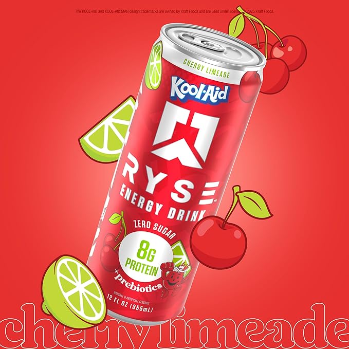 RYSE Functional Energy Drink - Kool-Aid Cherry Limeade - 150mg Natural Caffeine 8g Whey Protein &amp 1g Prebiotics - Sugar Free Gut-Friendly Bloat-Free - 12 fl oz Cans (12-Pack)