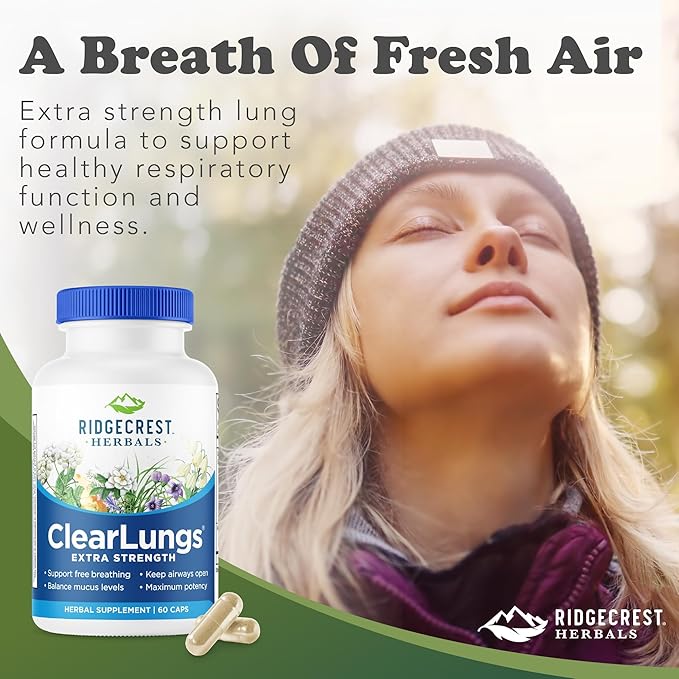 RidgeCrest Herbals ClearLungs Extra Strength Daily Health Supplement Natural Lung and Nasal Wellness Formula (60 Vegan Caps 30 Serv)