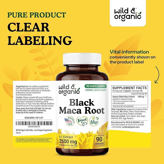 Wild &amp Organic Black Maca Root Capsules for Men &amp Women 500 mg - Maca Root Extract for Overall Support - 90 Vegan Capsules - Women &amp Men Supplement - 90 Days Supply - Non-GMO No Fillers