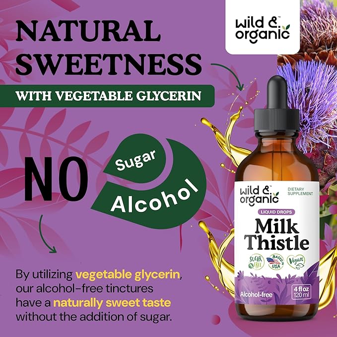 Wild &amp Organic Milk Thistle Liquid Drops - Liver Cleanse Detox - Silymarin Milk Thistle Supplement for Liver Support - Silybum Marianum Seed Extract Tincture - Vegan Sugar &amp Alcohol-Free - 4