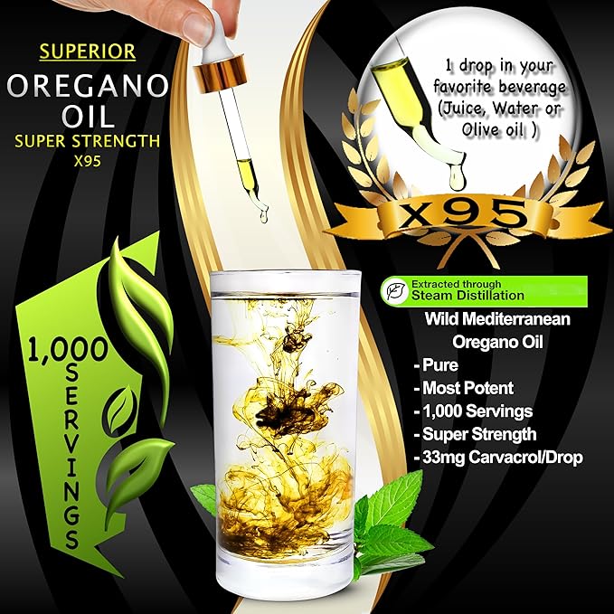 Organic Oregano Oil Drops - 1000 Servings 12 Month Supply Wild Oil of Oregano 9X Carvacrol Immune &amp Digestive Support Non-GMO Food Grade Herbal Supplement Alternative to oil of Oregano Tinc
