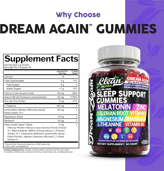 Clean Nutra Melatonin Gummies 10mg | Sleep Aid Valerian Root L-Theanine Vitamin B6 C Lemon Balm Magnesium Hibiscus Beta Carotene Saffron &amp Chamomile Rest Support Supplement Raspberry Flavor