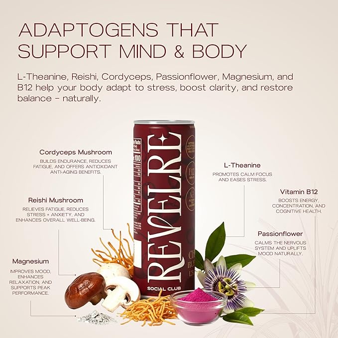 Revelre Functional Social Tonic with Ketones and Adaptogens - Mindful Blend for Focus and Calm - Ketones Magnesium B12 Reishi &amp Cordyceps Mushrooms - Non Alcoholic - Cherry Limeade 12 oz (4 Pa