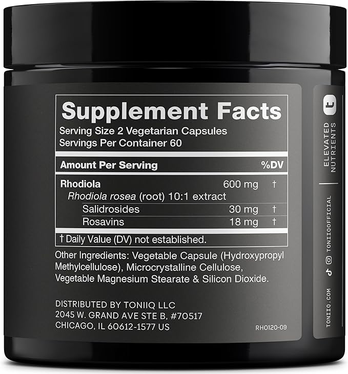 Toniiq Triple-Strength 600mg Rhodiola Rosea - 120 Capsules - 5% Salidroside Concentrated Extract - Highly Purified and Bioavailable