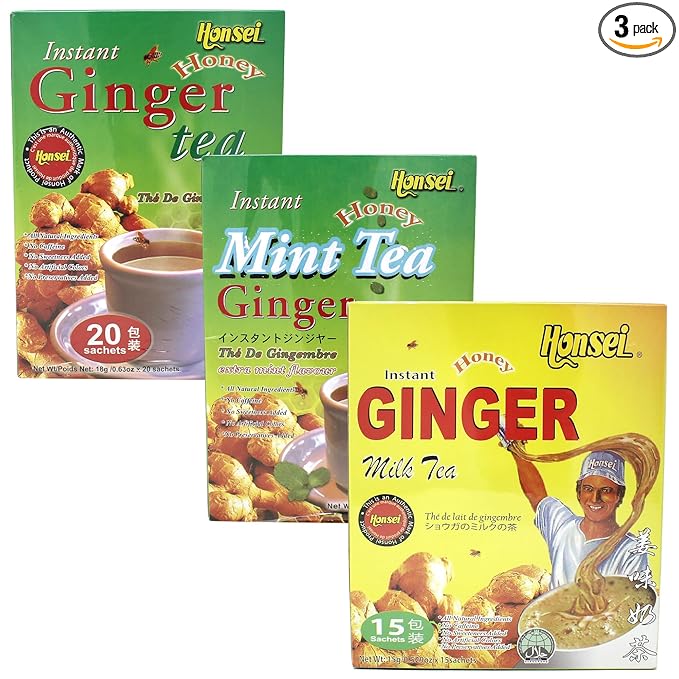 Honsei Instant Ginger Honey Mint Lemon or Milk Tea - 60 Sachets (20 Each Flavor)