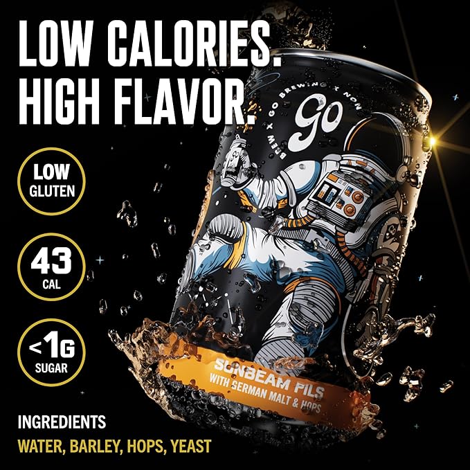 Go Brewing Non-Alcoholic Beer - Small Batch Low-Calorie Brew - Fresh Light and Floral Profile - Bold &amp Smooth Finish Craft Beer - Classic Ingredients - Suspended in a Sunbeam Pils (12 Oz 12 Ca