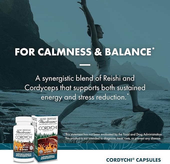 Host Defense CordyChi Capsules - Energy &amp Immune Support Supplement - Cordyceps &amp Reishi Mushroom Supplement for Relaxation &amp Respiratory Support - Aids Against Tiredness - 60 Capsules (30