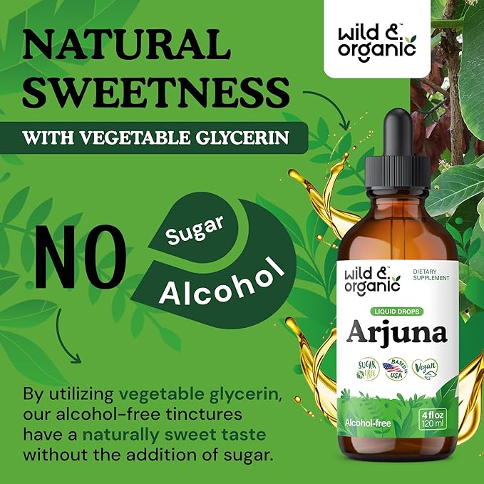 Wild &amp Organic Arjuna Bark Extract Drops - Antioxidant Support - Terminalia Arjuna Extract Supplement - Add to Tea &amp Mix with Powder - No Sugar &amp Alcohol Non-GMO Vegan - 4 fl oz