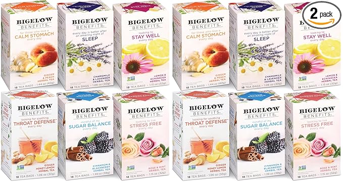 Bigelow Benefits Wellness Teas Variety PackMixed Caffeinated Green Matcha &amp Caffeine-Free Herbal Tea(Packaging May Vary)18 Count (Pack of 12)