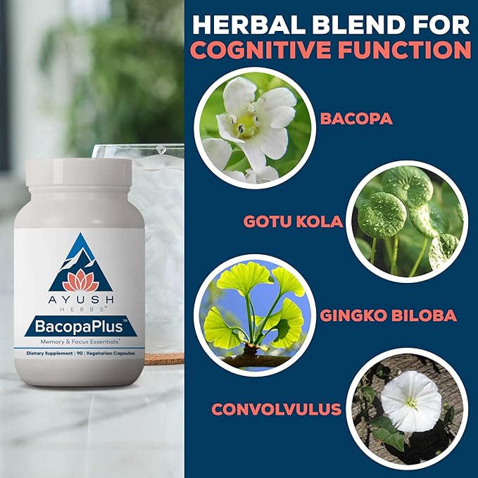 Ayush Herbs BacopaPlus - Bacopa Supplements Organic Bacopa for Memory &amp Focus Cognitive Support Pill for Adults with Ginkgo Gotu Kola Ashwagandha - 90 Vegetarian Capsules (1 Count)