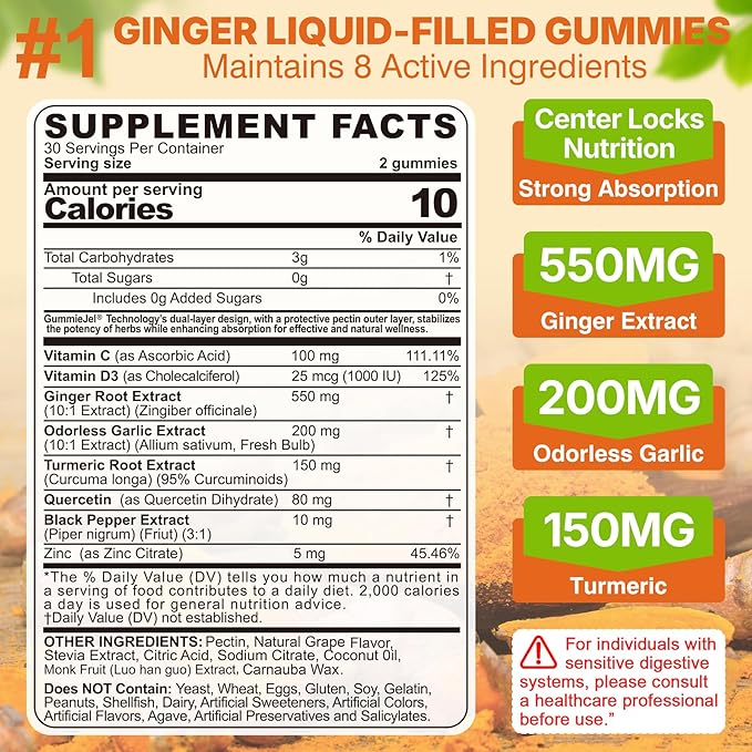 Ginger Chews Gummies for Nausea &amp Digestive Support Stomach Relief Sugar Free with TurmericOdorless Garlic Quercetin Vitamin D3Digestive Supplements for Occasional Bloating &amp Gas 2Pack