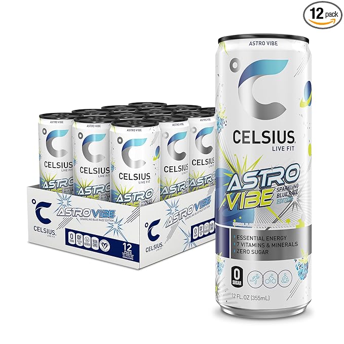 CELSIUS ASTRO VIBE Sparkling Blue Razz Sugar Free Energy Drink 12 Fl Oz (Pack of 12)