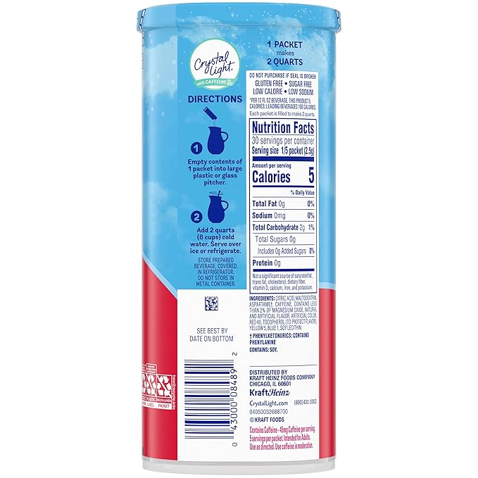 Crystal Light Wild Strawberry Artificially Flavored Powdered Drink Mix with Caffeine 72 ct Pack 12 Canisters of 6 Pitcher Packets