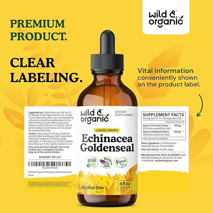 Wild &amp Organic Echinacea Goldenseal Tincture - Immune Support Drops with Echinacea and Goldenseal Root Extract - Vegan Sugar &amp Alcohol-Free Liquid Supplement - 4 fl oz