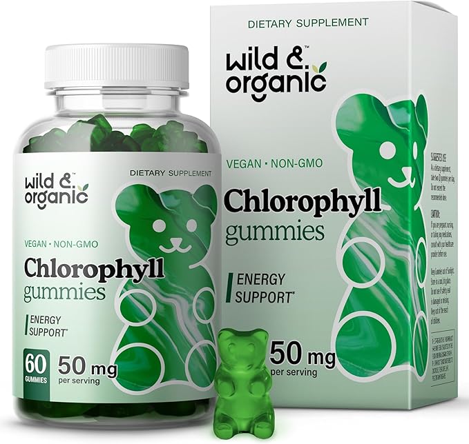 Wild &amp Organic Chlorophyll Gummies 50mg - Detox Cleanse Supplements w/Sodium Copper Chlorophyllin - Internal Deodorant w/Chlorophyll Powder - Vegan Non-GMO - 60 Herbal Chews