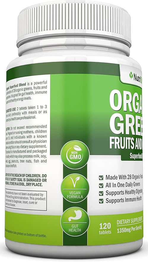 Organic Super Greens Capsules - Fruit And Vegetable Supplements - 120 Count - 28 USDA Organic &amp Vegan Premium Ingredients - Superfood Blend For Immune Health Digestion &amp Energy - Whole Food V