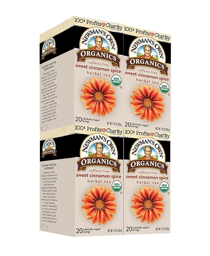 Newman's Own Organic Sweet Cinnamon Spice Herbal Tea with Rooibos Tea with Organic Ginger 20 Individually Wrapped Tea Bags Per Box (Pack of 4) USDA Certified and Kosher Cinnamon Tea Caffeine-Free