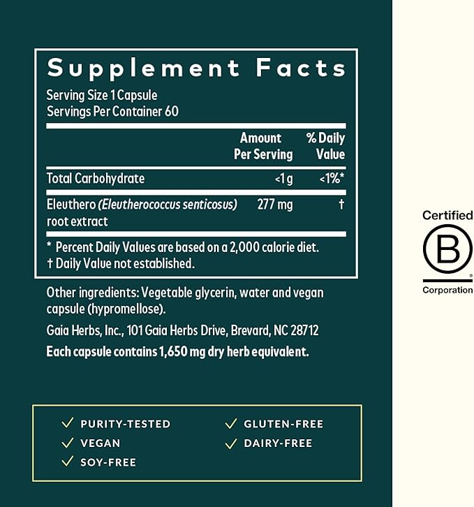 Gaia Herbs Eleuthero Root - Energy Stamina &amp Mental Endurance Support* - Eleuthero Root (Siberian Ginseng) Adaptogen Herbal Supplement - 60 Vegan Liquid Phyto-Capsules (60 Servings)