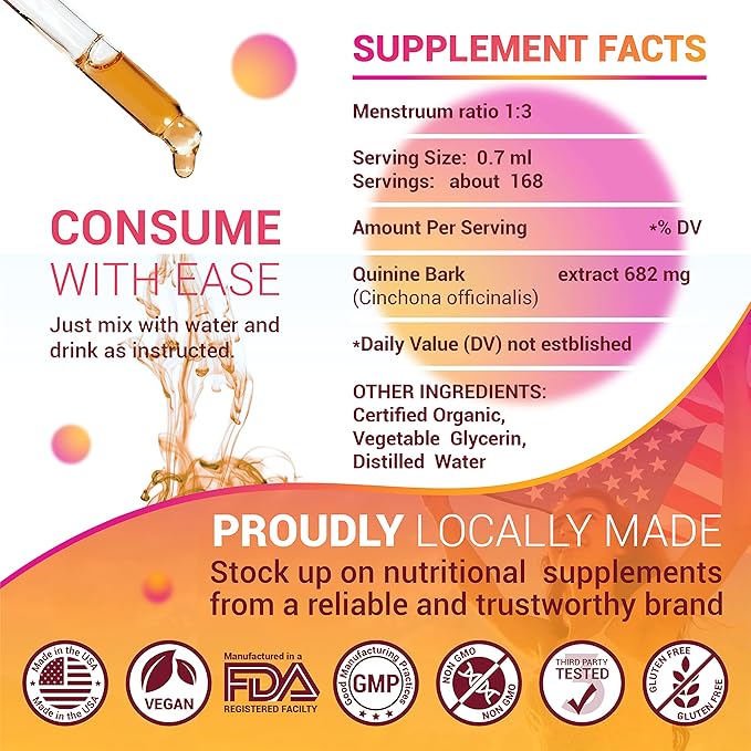 Quinine Liquid Extract 4oz – Restless Legs Syndrome Relief &amp Leg Cramps PM Nighttime Cramp Relief – All-Natural Cinchona Officinalis Bark Tincture for Cramp Defense Digestive Health &amp Immune