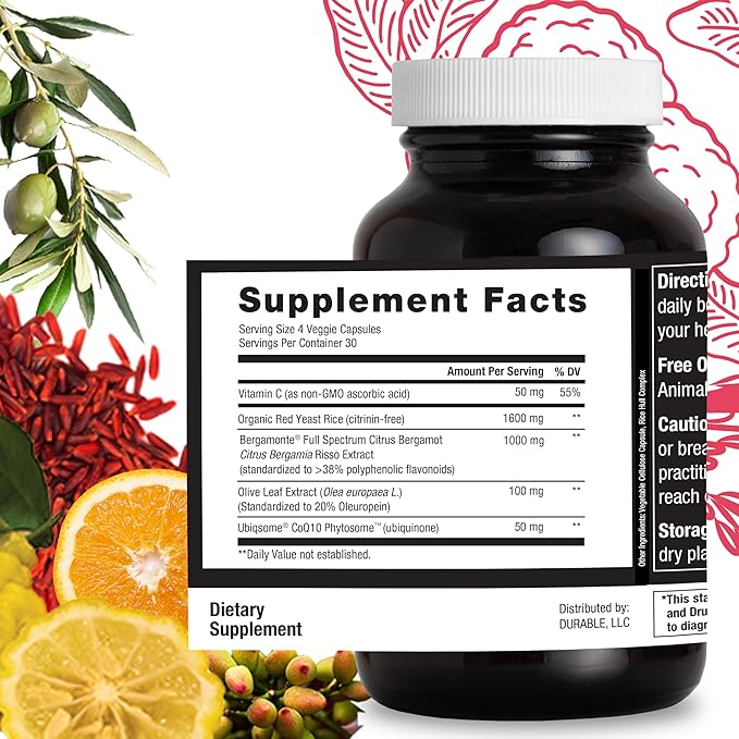 Durable Cholesterol Complete – Organic Red Yeast Rice 1600 mg + Bergamonte® Citrus Bergamot 1000 mg + Ubiqsome® CoQ10 + Olive Leaf + Vitamin C – Doctor Formulated Made in USA (360 Capsules)