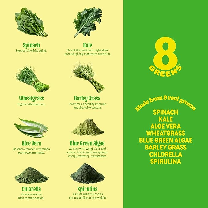 8Greens Supergreens Tablets | Super Greens Powder Superfood Metabolism Immunity &amp Focus Daily Greens Effervescent Tablets Organic: Aloe Vera Spirulina Chlorella Lemon Lime Tube 30 Servings