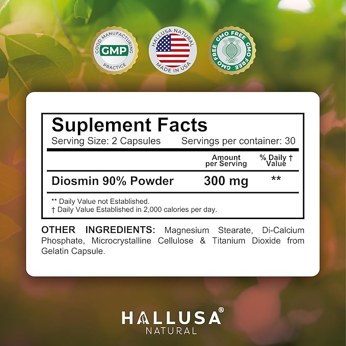 Hallusa Natural Diosmin Circulation - Support for Circulation and Veins - DIOSMIN - DIOSMINE- DIOSMINA - Circulation &amp Vein Support Supplement
