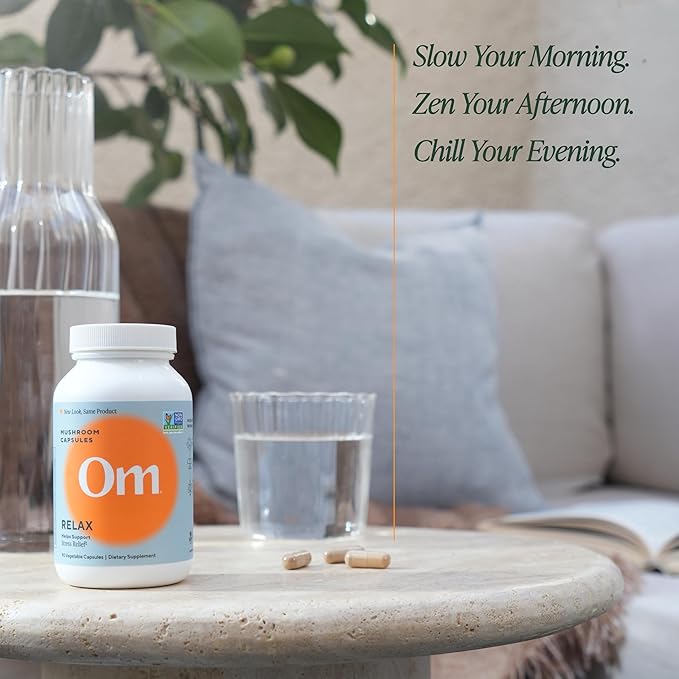 OM MUSHROOM SUPERFOOD Relax Mushroom Capsules 90 Count 30 Days Reishi Mushrooms Ashwagandha GABA L-Theanine Magnesium Adaptogens for Stress Support (Formerly Gently Zen Packaging May Vary)