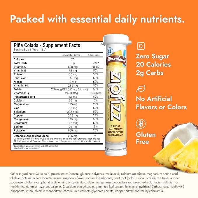 Zipfizz Daily Energy Drink Powder Pina Colada 20 Pack | 3-in-1 Sustained Energy Rapid Hydration and Essential Vitamins | Sugar-Free | Electrolyte Powder | Contains Vitamin B-12 &amp Antioxidants