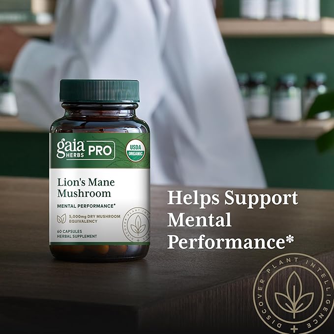 GAIA HERBS PRO Lion's Mane Mushroom - Supports Brain &amp Neurological Health* - Organic Mushrooms - 2500mg Per Serving - Gluten-Free - 60 Capsules (30 Servings)