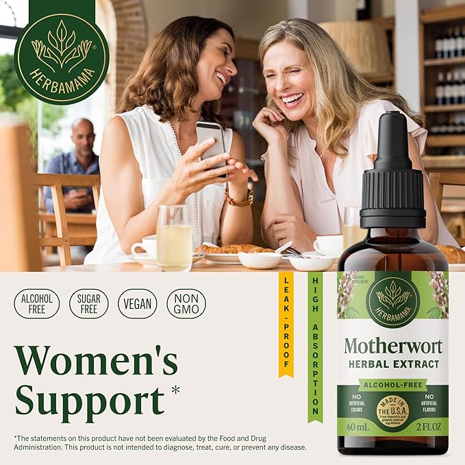 HERBAMAMA Motherwort Tincture - Vegan Motherwort Herb Extract Calm Drops for Women's Support - Non-GMO Alcohol &amp Sugar-Free Liquid Relaxation Supplement 28-Day Supply