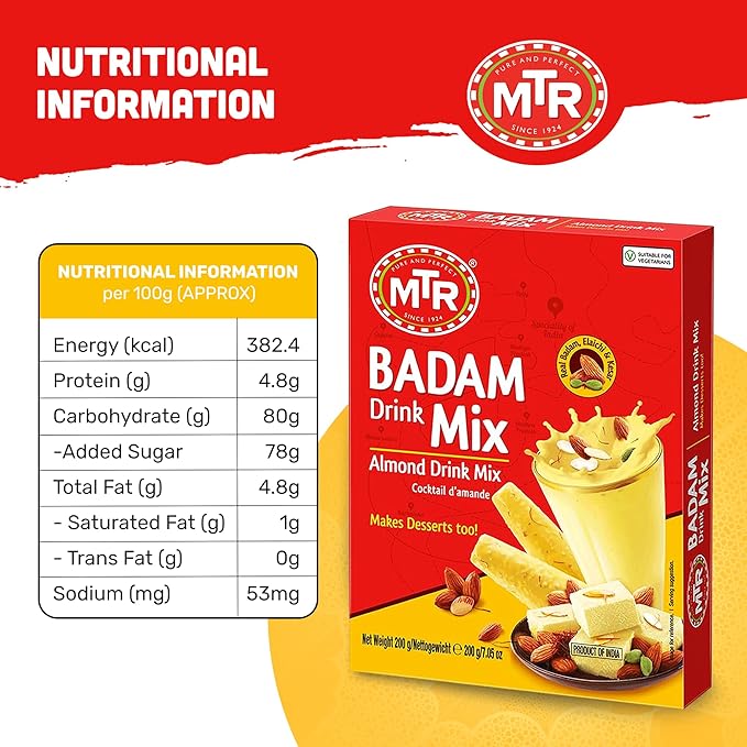 MTR Badam Drink Mix – 200g Pack of 6 Multi-purpose Drink Mix Premium Almond Drink Mix made with select quality Almonds Saffron &amp Cardamom Authentic Indian Flavor Quick &amp Easy to Prepare