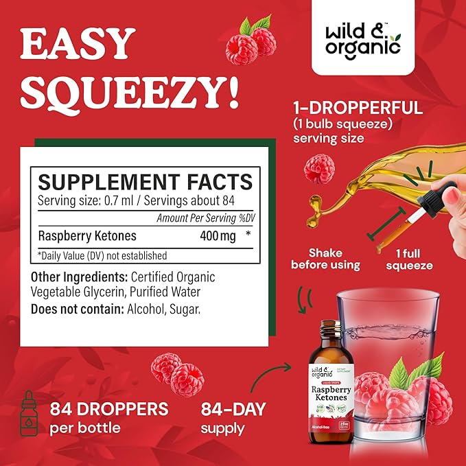 Wild &amp Organic Raspberry Ketones Extract Tincture - Liquid Raspberry Ketones Supplement - 2-Month Supply - Vegan Sugar &amp Alcohol-Free - 2 fl oz
