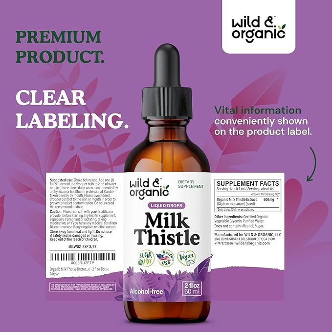 Wild &amp Organic Milk Thistle Extract Drops - Liver Cleanse Support - Milk Thistle Liver Detox Tincture - Liquid Silymarin Supplement - Silybum Marianum Seeds - Vegan Sugar &amp Alcohol-Free - 2 f