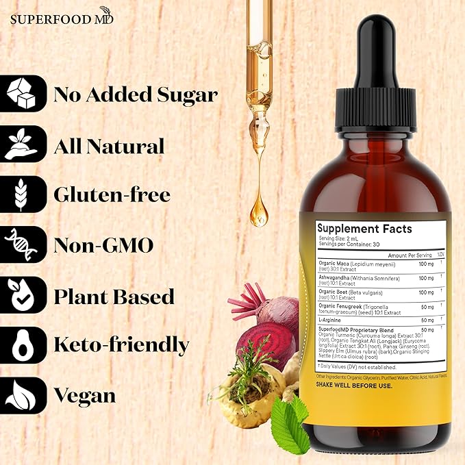 Superfood MD Maca Root Liquid Drops with Ashwagandha Nettle Fenugreek Beet Root and L-Arginine Liquid Multivitamin for Women and Men - 4 Oz