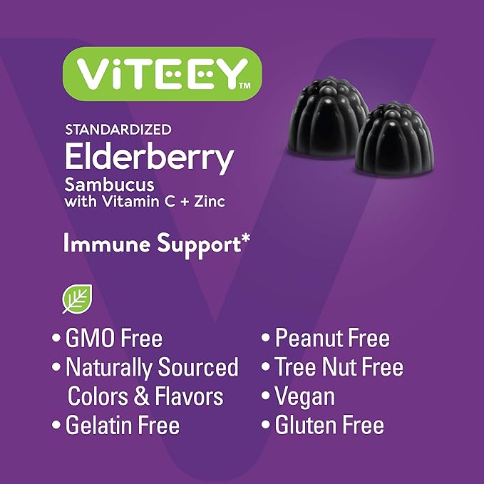 Viteey Sambucus Elderberry Gummies for Adults – Elderberry Vitamin C and Zinc Immunity Gummies - Vegan Gluten-Free – 120 Count